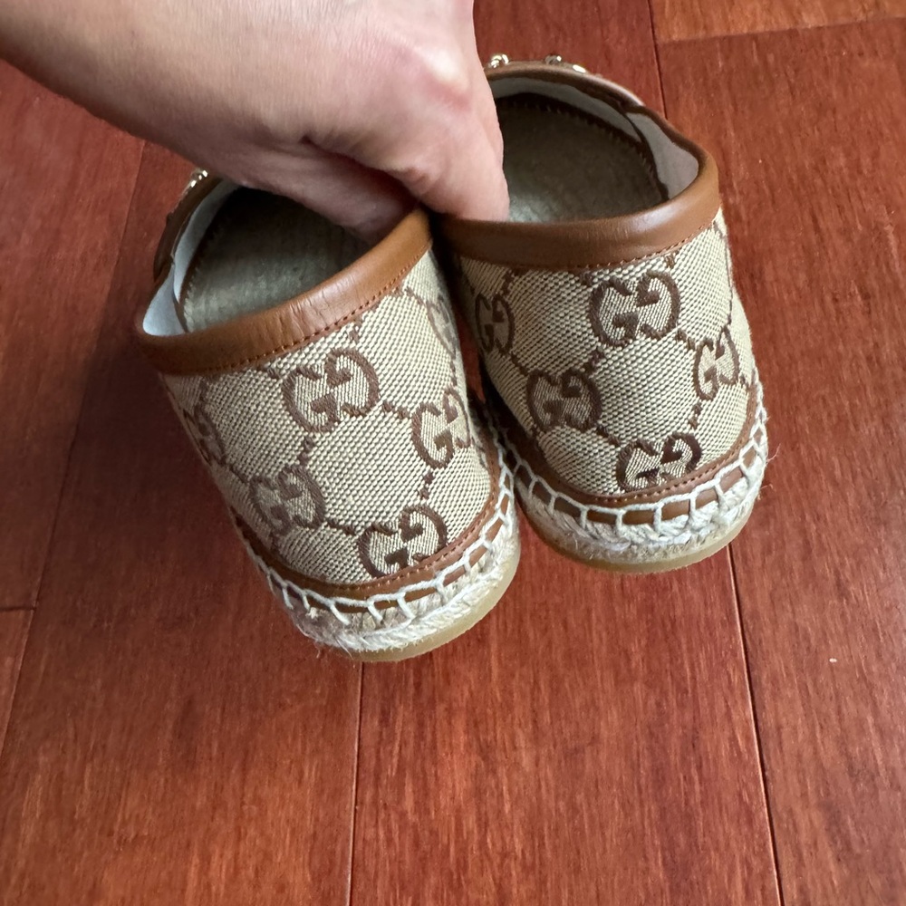 Gucci Pilar Horsebit GG Logo Print Espadrilles Flats Camel Ebony EU39.5 US 9.5 - Picture 5 of 13